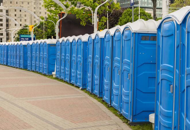 a row of portable restrooms at an outdoor special event, ready for use in Decatur